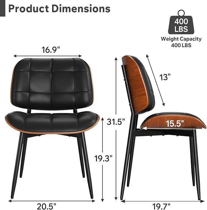 Dining Chairs Set of 2, Black Mid Century Modern Dining Room Chair, Upholstered Faux Leather Kitchen Chairs with Thick Cushion and Walnut Bentwood Back for Kitchen Dining Room, Black