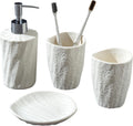 Bathroom Accessories Set, 4 PCS Modern Stone Look Bathroom Accessory Set with Hand Soap Dispenser 11.5 OZ, Tumblers, Toothbrush Holder, Bar Soap Dish Holder Saver (White)