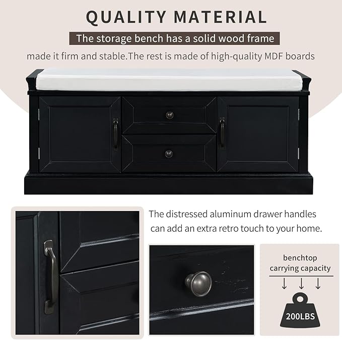 42″ Storage Bench with 2 Drawers and 2 Cabinets，Multipurpose Entryway Shoe Rack W/Removable Cushion，for Living Room Hallway Porch,Black