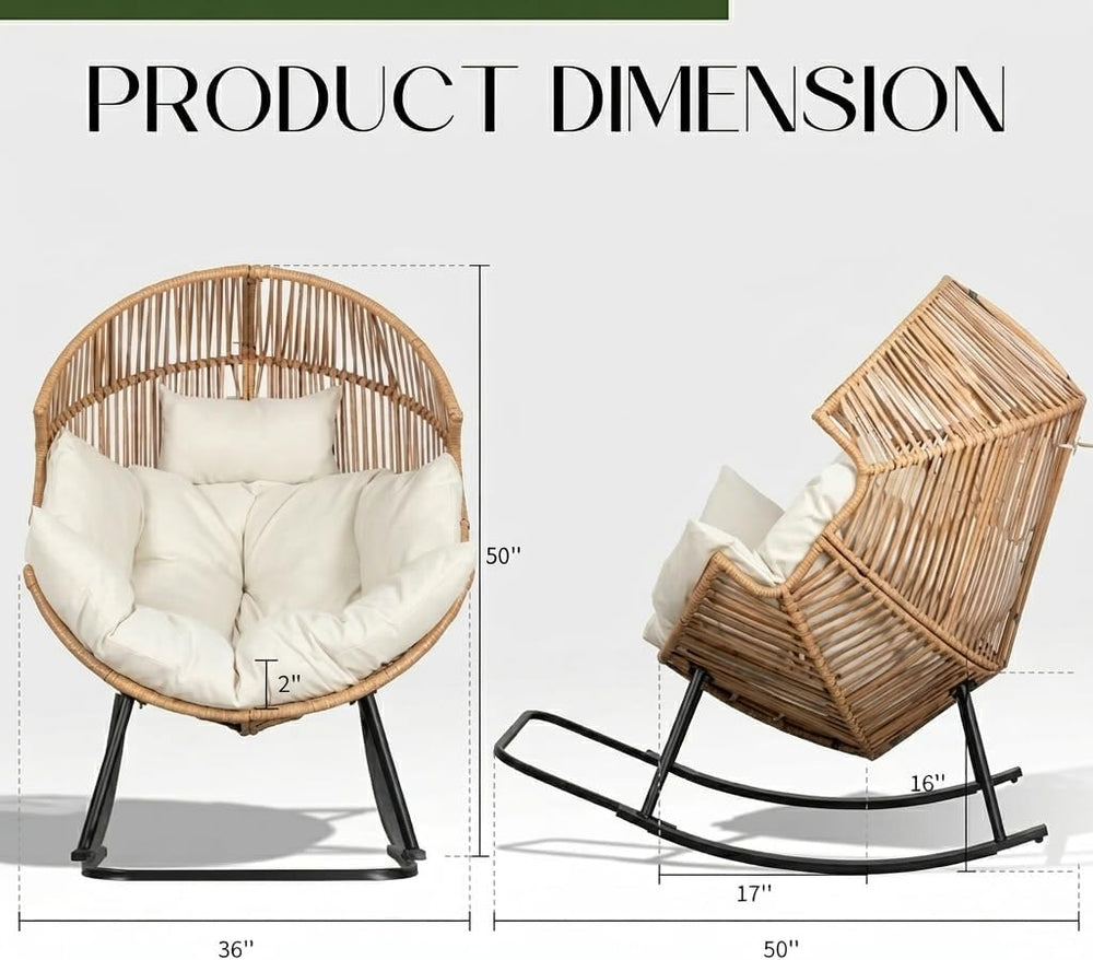 Oversized Outdoor Rocking Chair, Wicker Egg Patio Lounge Chair Basket Seat wi...