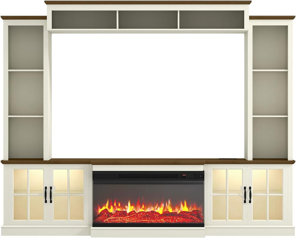 98" Farmhouse Fireplace TV Stand with 36" Electric Fireplace, Wall Media Console with Barn Doors,Bookshelf Wine Storage, Entertainment Center Fits TVs Up to 75" for Living Room, White