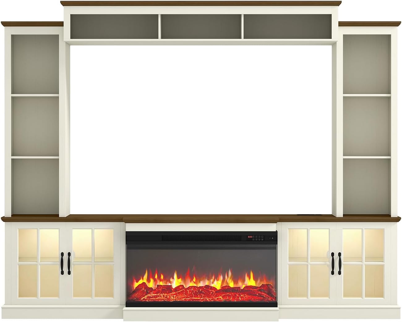 98" Farmhouse Fireplace TV Stand with 36" Electric Fireplace, Wall Media Console with Barn Doors,Bookshelf Wine Storage, Entertainment Center Fits TVs Up to 75" for Living Room, White