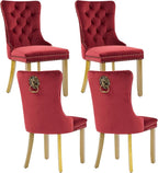 Velvet Dining Chairs Set of 4, Modern Tufted Dining Room Chair, Upholstered Dining Chairs with Lion Head Pulls Ring and Golden Solid Wood Legs, Luxury Kitchen Chairs for Dining Room, Burgundy