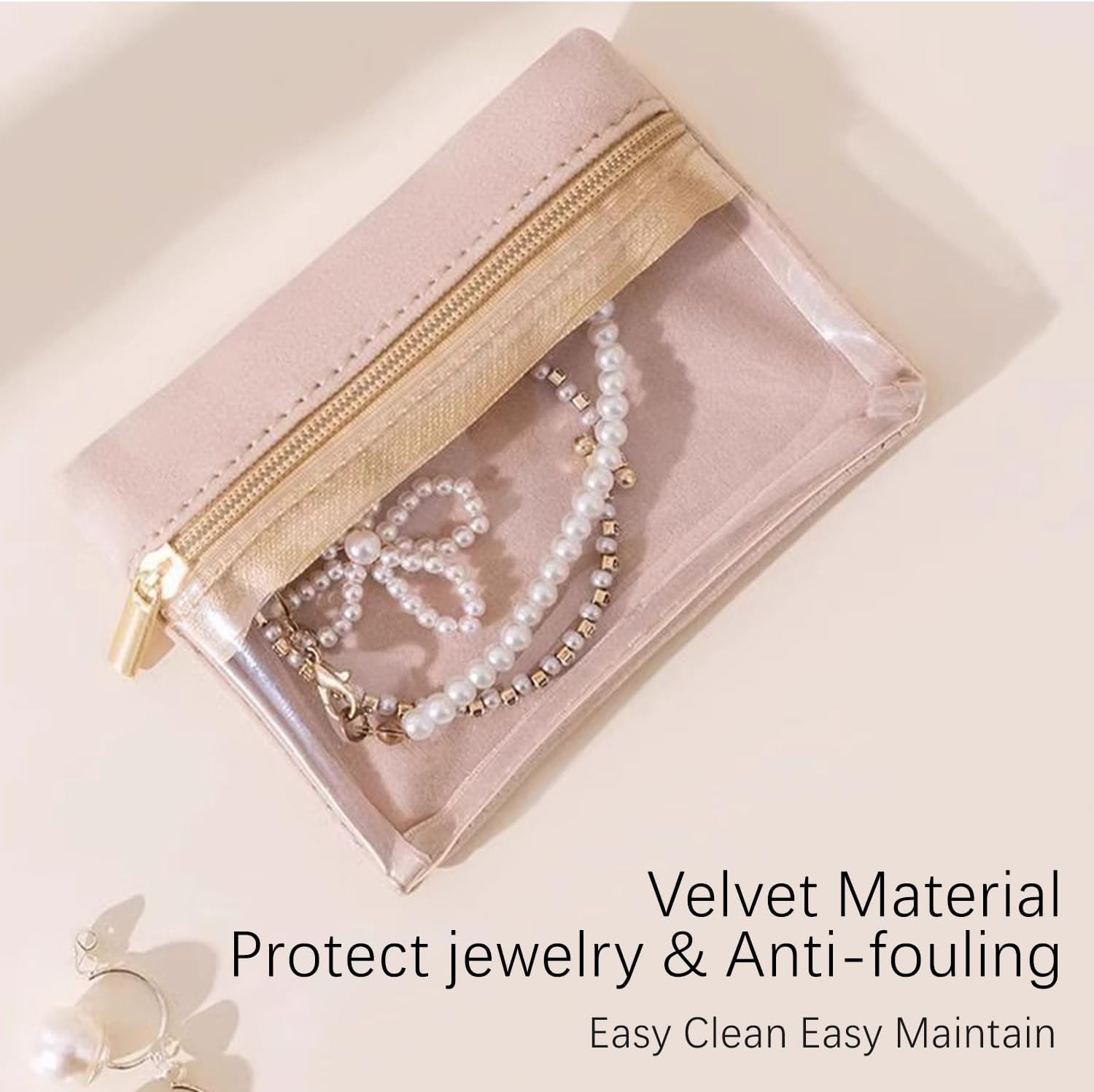 Magiware Small Jewelry Pouch Travel Organizer Bags with Soft Velvet and Zipper, 6PCS Pocket Storage Bag Case Purse Organizer for Women Girl Grandma Gift（ beige）