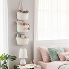 TeoKJ Over the Door Hanging Basket, 3-Tier Woven Cotton Wall-Mounted Storage Organizer Bag Decorative Hanging Nursery Baskets, White & Light Brown