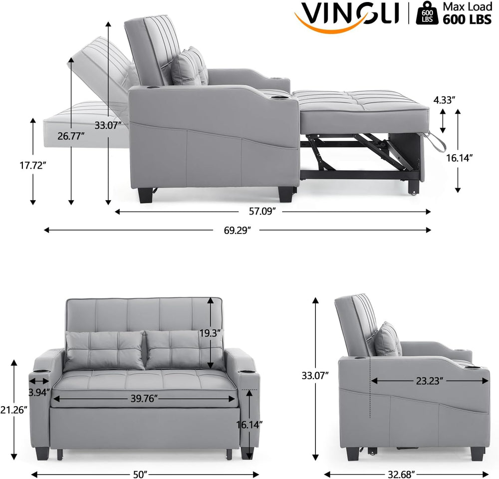 VINGLI Light Grey Futon Sofa Bed Convertible Loveseat Sleeper Couch, Faux Lea...