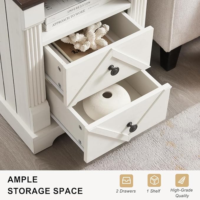 Farmhouse White Night Stand Set of 2, 18" Nightstand with Charging Station, Wood Rustic End Table, Roman Column Design, Modern Design Bedside Cabinet for Bedroom,Home, Antique White