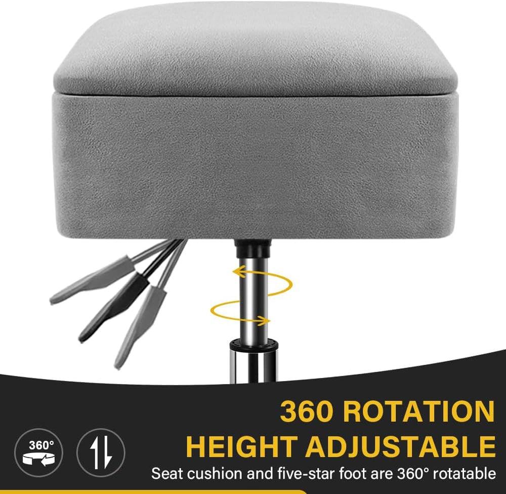 WKWKER Adjustable Vanity Stool with Storage Velvet 360° Swivel Makeup Stool S...