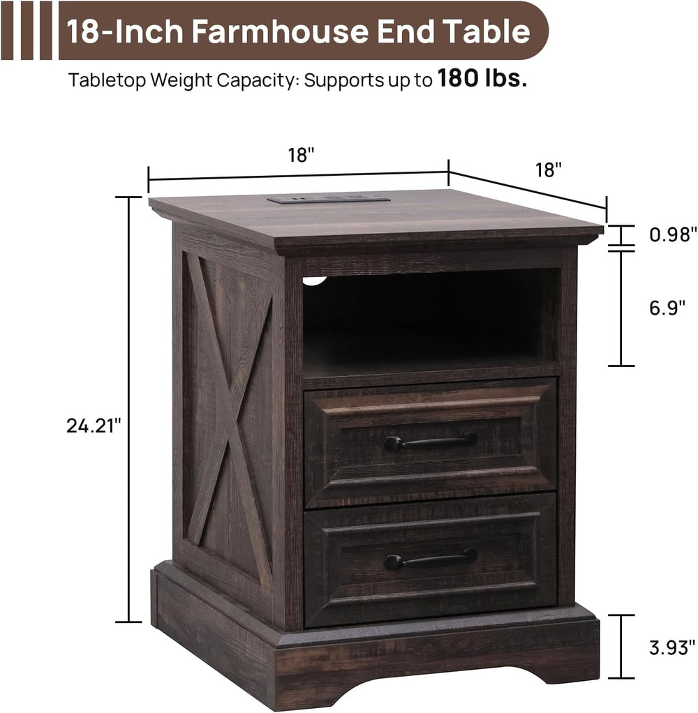 ALBAD Farmhouse Nightstand with Charging Station Rustic Bedside Table with 2 ...