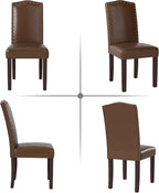 LSSBOUGHT PU Dining Chair Set of 2 Upholstered Parsons Kitchen Chair with Copper Nails and Solid Wood Legs for Dining Room,Restaurant(Brown)
