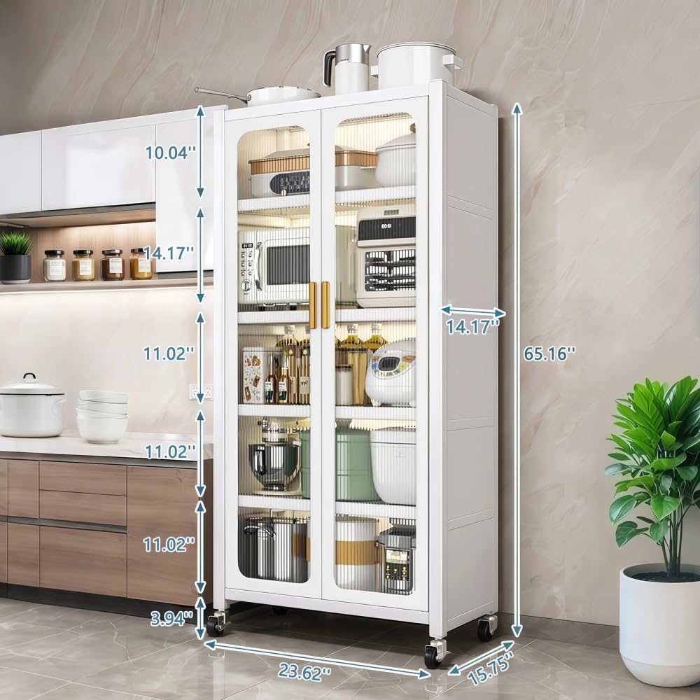 65" Kitchen Pantry Storage Cabinet - Metal 6-Tier Cabinet Transparent Do...