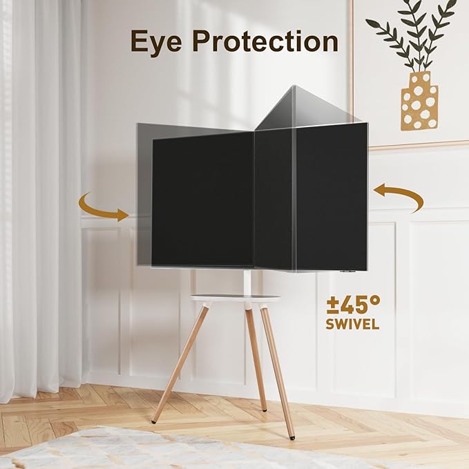 Tripod Easel TV Stand for 43-65" TVs, Height-Adjustable Swivel Corner Floor TV Stand with Wooden Tray, VESA 400x400 LCD/LED/OLED Compatible, Minimalist White