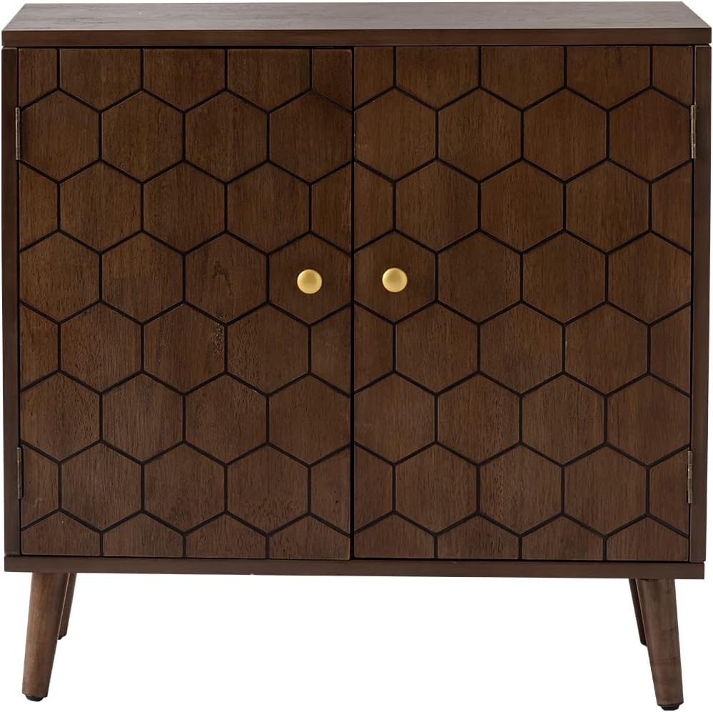 HOMPUS 3 Pieces Sideboard Buffet Cabinet, 32" Accent Cabinet with Doors & Shelves, Storage Cabinet with Honeycomb Pattern Doors, Modern Console Table for Kitchen, Living Room, Easy Assemble,Walnut