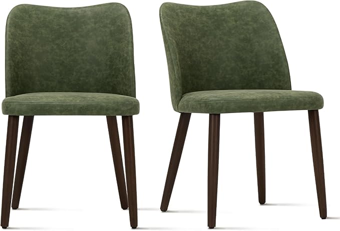 COLAMY Upholstered Dining Chairs Set of 2, Modern PU Leather Dining Room Kitchen Side Chair with Padded Seat and Wood Legs Restaurant/Cafe, Green