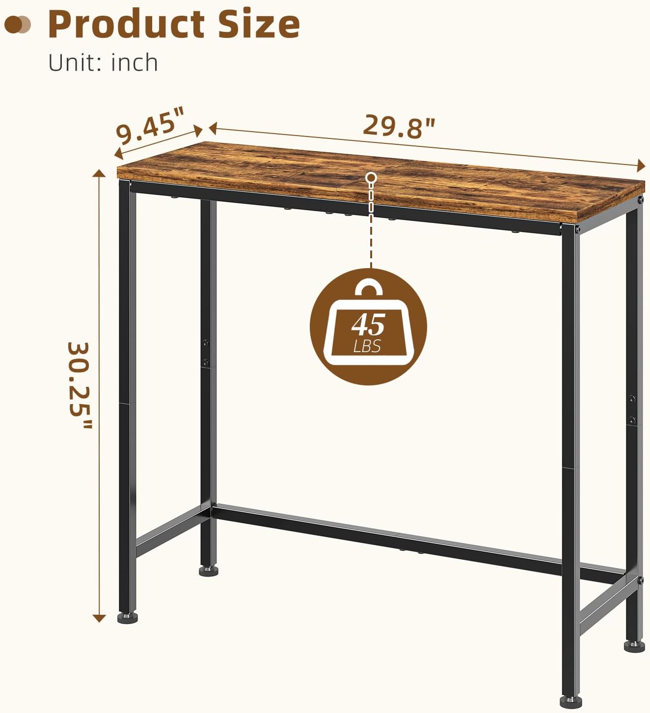 Simple Trending Narrow Side Table, 29.8" Console Table, Rustic Brown | Slim Entryway Table, Metal Frame, Adjustable Feet Pads, Industrial Style Behind Couch Table, for Entryway, Living Room