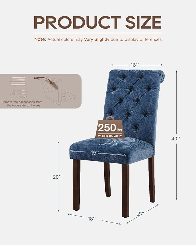 Dining Chairs Set of 2, Button Tufted Parsons Upholstered Chairs with Solid Wood Legs, Mordern Fabric Kitchen Chairs for Dining Room, Blue
