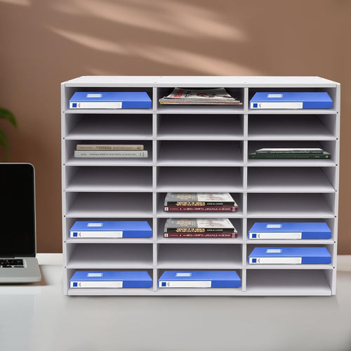 24 Compartments Literature Organizer, Desktop File Sorter Mail Center Paper Storage Cabinet Classroom Mailbox for Files Documents Papers Magazines (White 24Slots)
