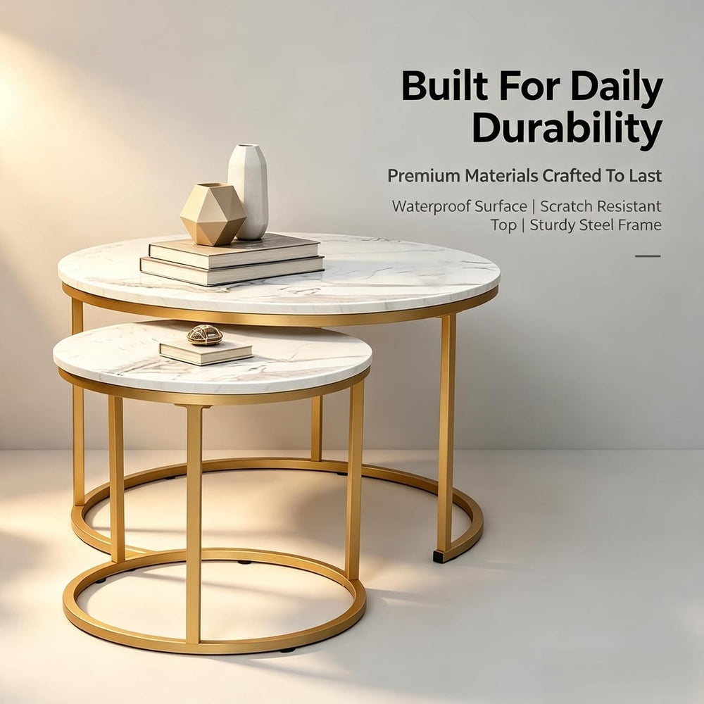 Round Nesting Coffee Table Set of 2, Marble Top Metal Frame | Space-Saving De...