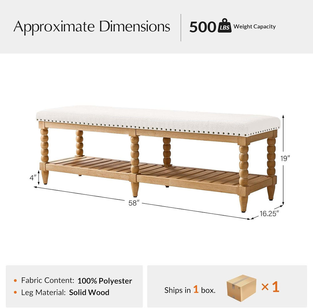 HULALA HOME Entryway Bench with Soild Wood Shelf, 58" Upholstered Shoe S...