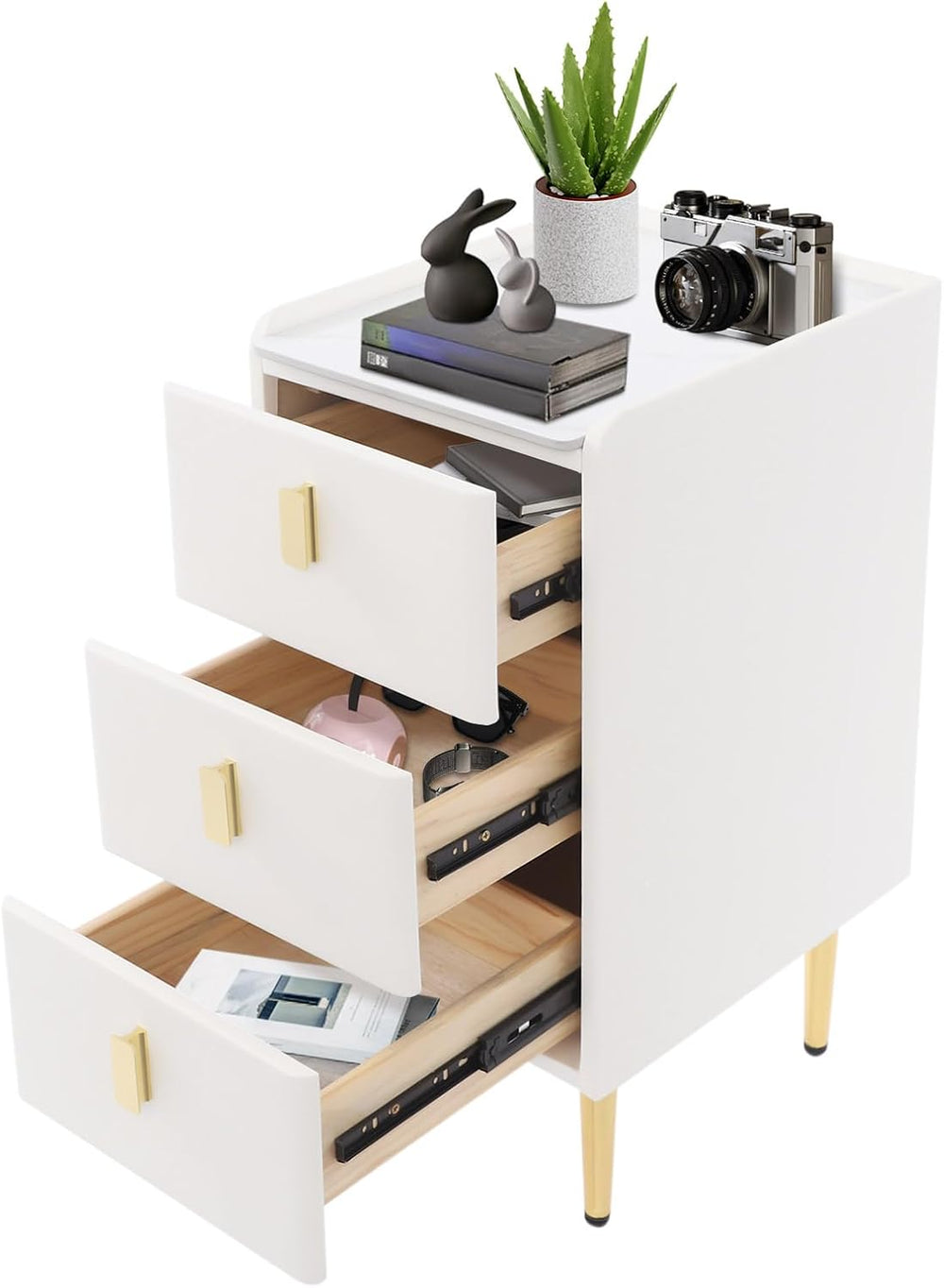 3-Layers Narrow Bedside Table, Space-Saving Living Room End Table with 3 Draw...