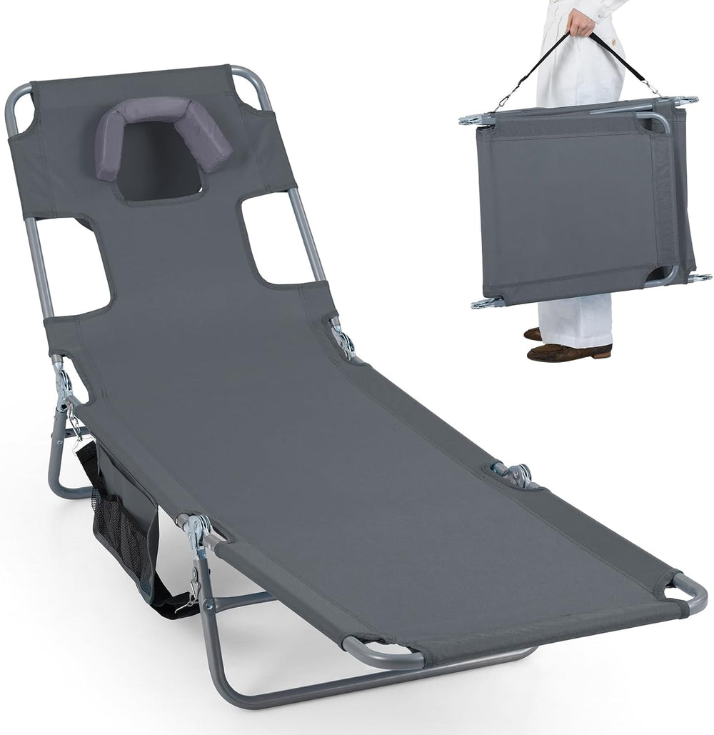 Goplus Tanning Chair, Portable Lightweight 10.5LBS Beach Lounger with Face Ar...
