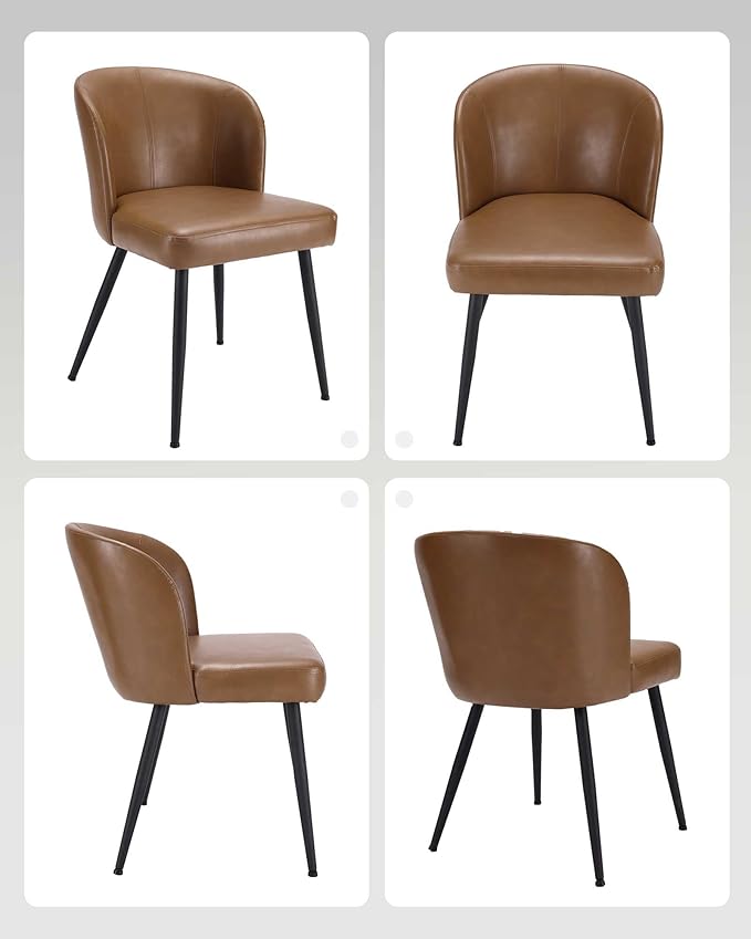 Dining Chairs Set of 6, Upholstered Kitchen Chairs with Faux Leather Cushion Seat and Metal Legs, Mid Century Modern Dining Room Chair for Kitchen, Living Room, Easy Assembly, Brown