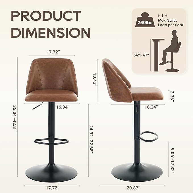 COLAMY Bar Stools Set of 2, Modern Swivel Bar Chairs, Adjustable PU Leather U...