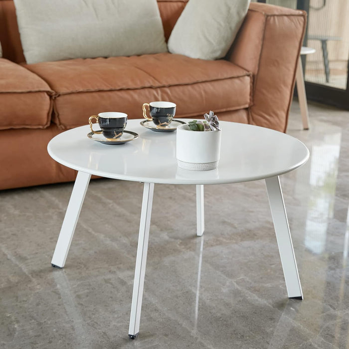 Patio Outdoor Coffee Table - Metal Steel Outside Round Table Weather Resistant Anti-Rust Outdoor Table (White)