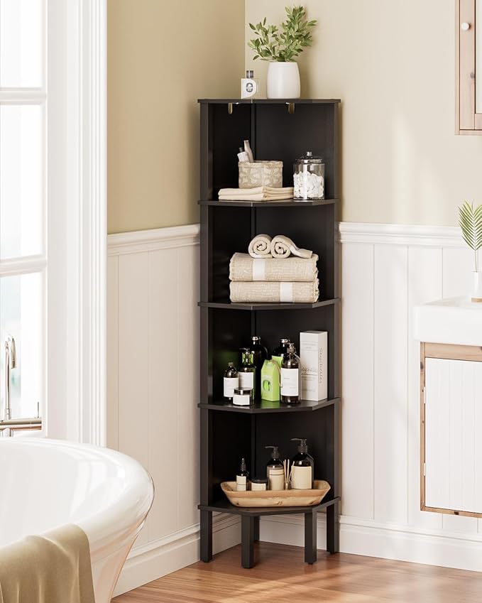 Corner Shelf, 5 Tier Corner Bookshelf，Wall Corner Bookshelf for Small Space,Display Corner Shelf Stand with Storage Rack for Living Room,Bedroom,Office,Black