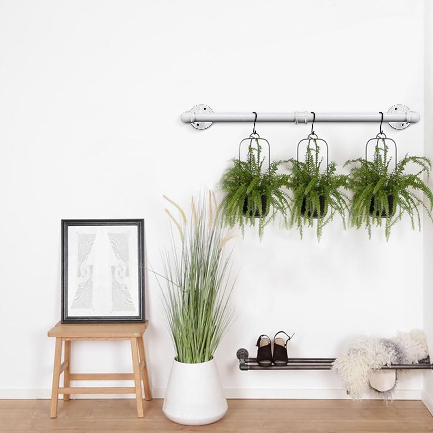 Industrial Iron Pipe Clothes Hanging Bar DIY Wall-Mounted Garment Rack Heavy Duty Clothing Rack for Bedroom, Laundry Room, Closet Storage (White 24 inch)