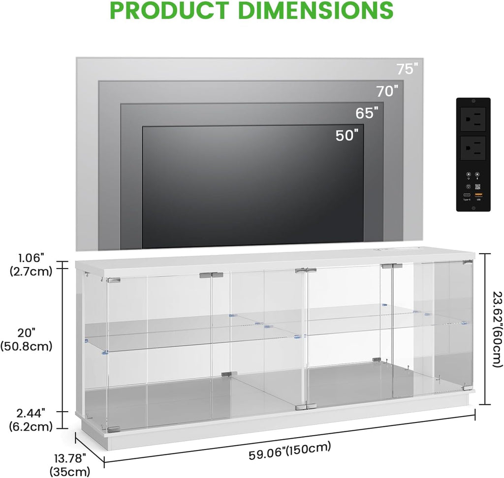 HNEBC 71" Glass TV Stands with Charging Station&Light for Living Room-White | Display Cabinet TV Console with Motion-Senser RGB LED Lights, 2 AC Outlets,USB-C Ports, Entertainment center with Doors