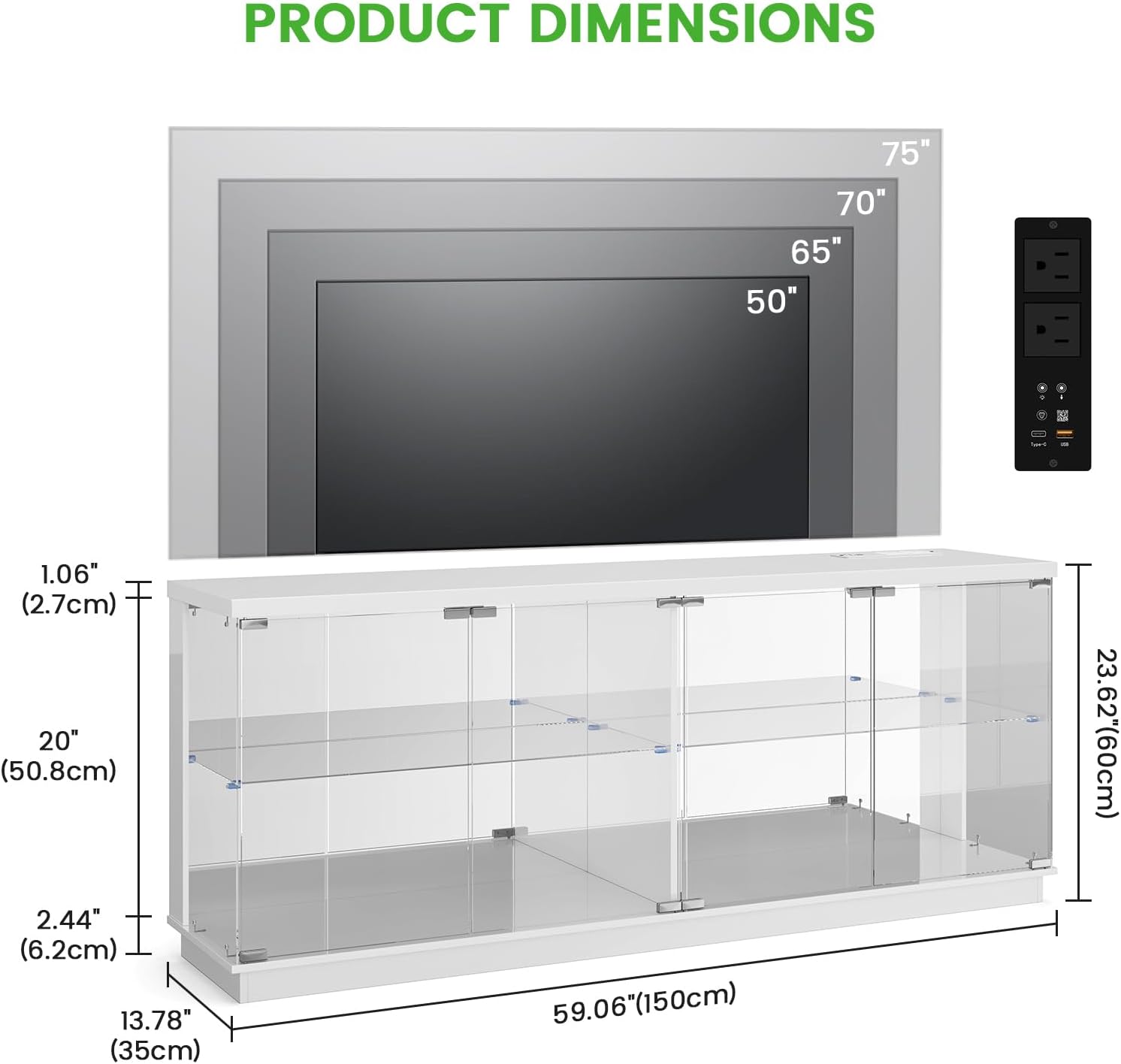 HNEBC 71" Glass TV Stands with Charging Station&Light for Living Room-White | Display Cabinet TV Console with Motion-Senser RGB LED Lights, 2 AC Outlets,USB-C Ports, Entertainment center with Doors