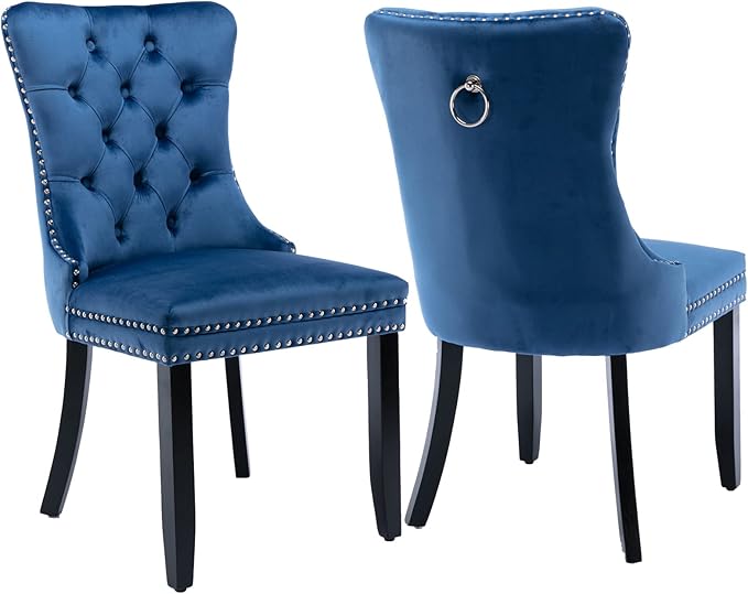 Upholstered Dining Chairs Set of 2, Velvet Dining Room Chairs with Back Ring Pull Trim and Solid Wood Legs, Tufted Wingback Kitchen Chair Perfect for Dining Room,Living Room,Kitchen(Blue)