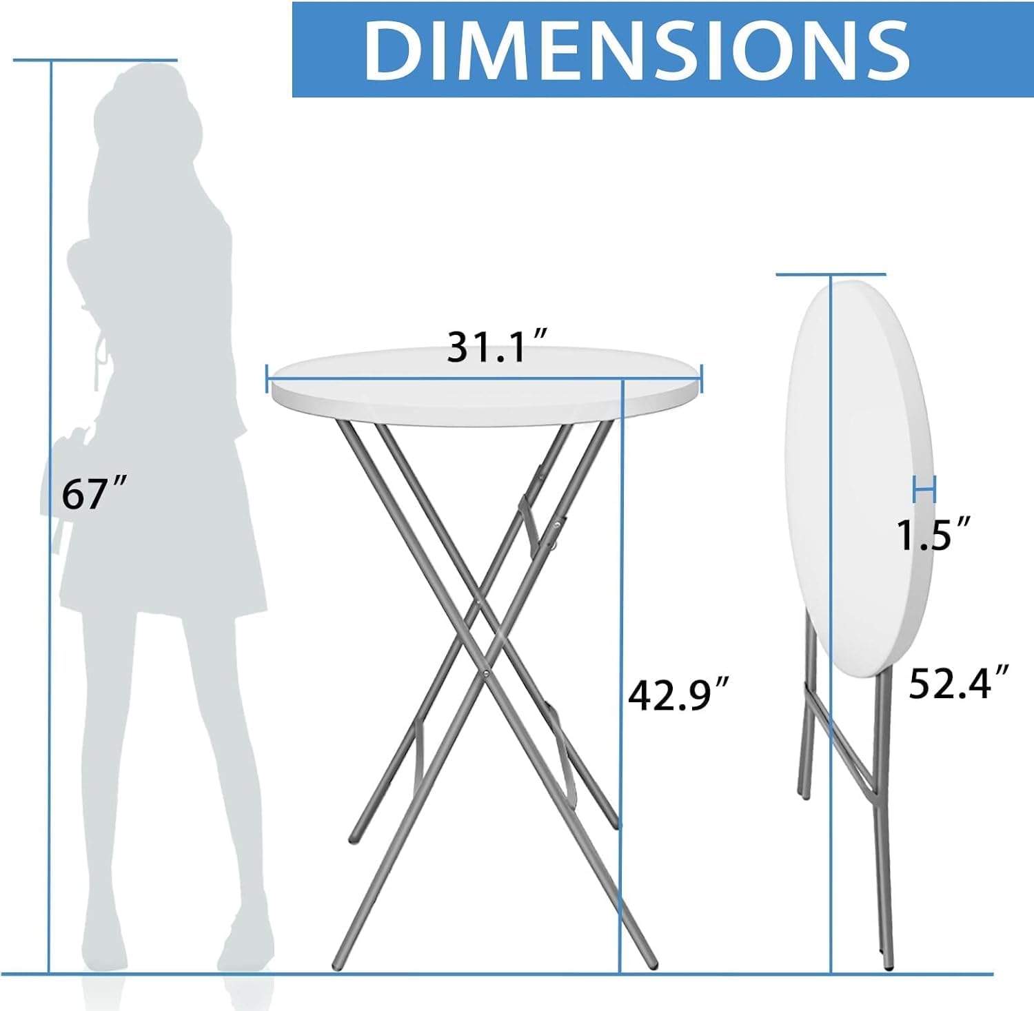 32in Cocktail Table, Plastic Folding Round High Top Indoor Outdoor Use, Foldable Bar Height Table for Parties and Commercial Events (White, 2 Pcs)