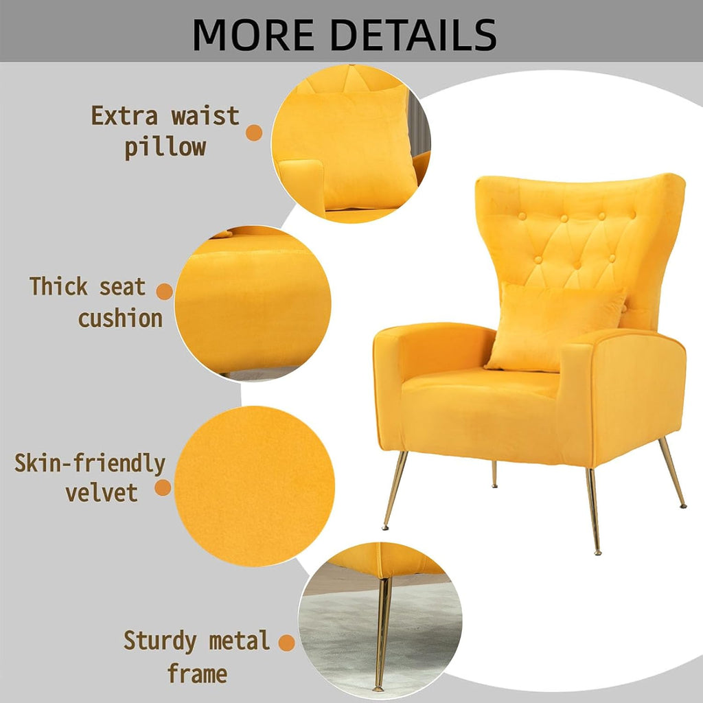Button-Tufted Velvet Accent Chairs Set of 2, Mid Century Modern Living Room Chair with High Wingback, Upholstered Arm Chair with Metal Gold Legs for Bedroom, Club, Yellow
