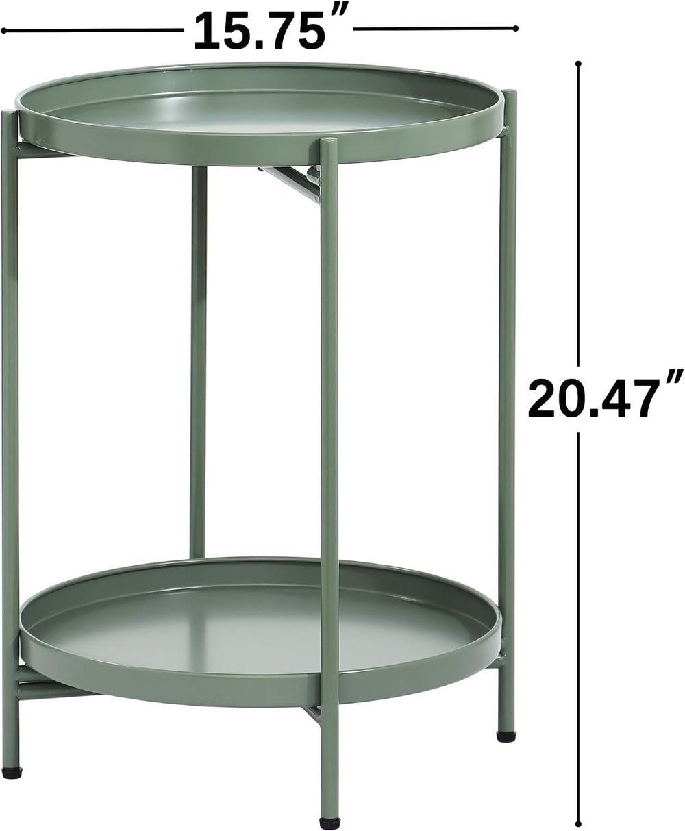 2-Tier Round End Side Table, Small Metal Side Table with Removable Tray, Fold...