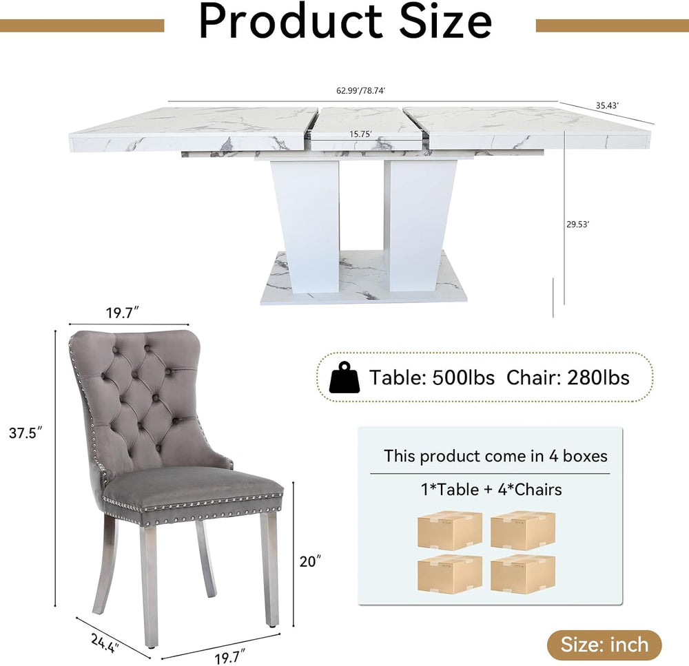 White Faux Marble Dining Room Table Set for 4, 5-Piece 63"-78.74" E...