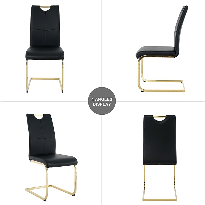 Goujxcy Dining Chairs Set of 4, Modern High Back Kitchen Chairs with Metal Legs and Faux Leather Padded Seat Upholstered Dining Chairs for Dining & Kitchen,Living Room (Black&Gold, Set of 4)