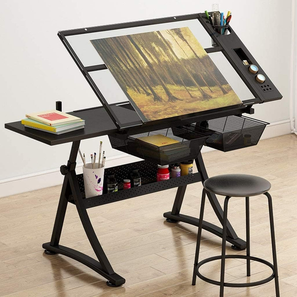 Black Drafting Table with Storage, Height Adjustable Tiltable Art Desk, Glass...