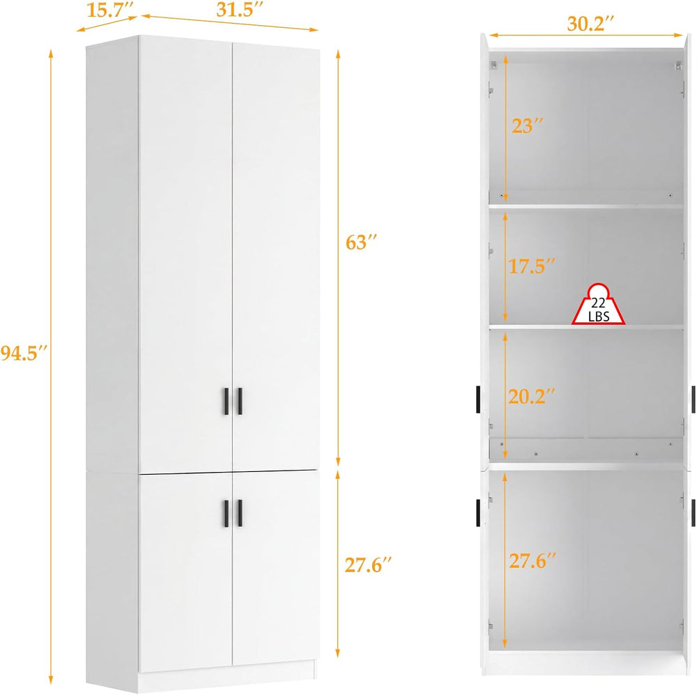 AGOTENI 94.5”H Tall Kitchen Pantry Cabinet with 4 Doors & 4 Shelves, Mode...