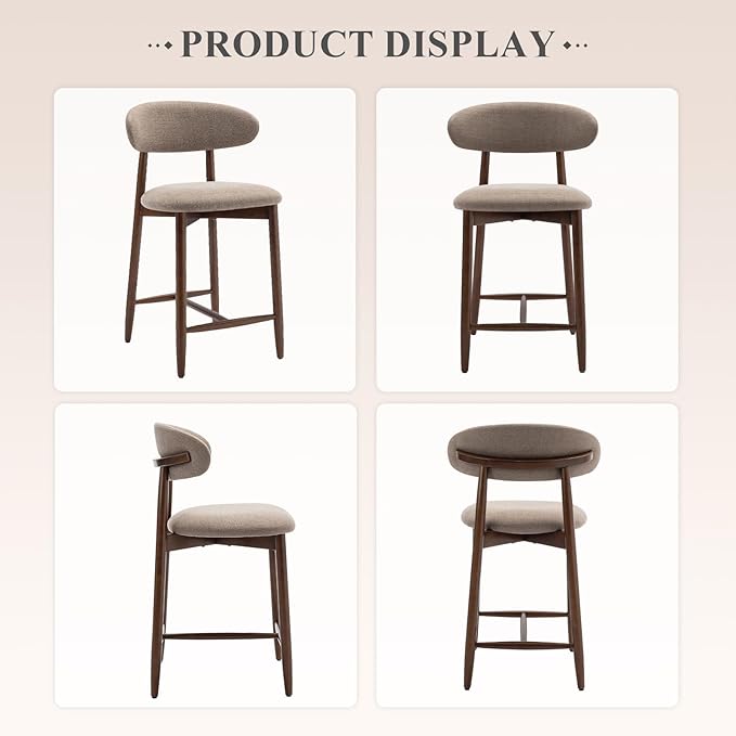 COLAMY Mid-Century Modern Upholstered Counter Height Bar Stools Set of 6, Kitchen Island Stools with Contoured Fabric Seat, Wood Legs, Camel