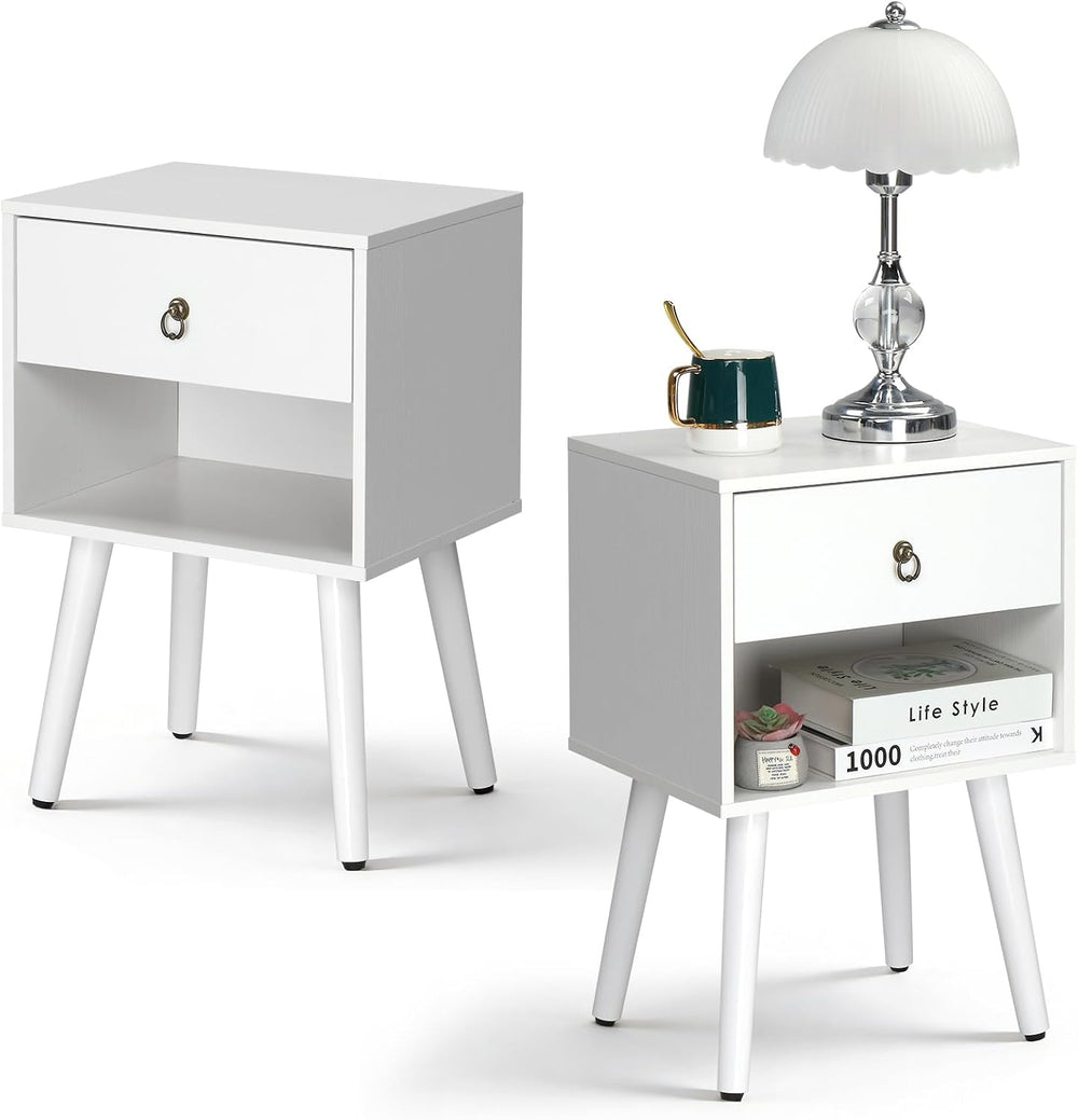 Bonnlo White Nightstand Set of 2, Modern Bedside Table with Drawer Open Shelf...