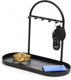 Shinpuru Key Holder Tray, Metal Stand with Leather Tray, 5 Hooks(Black) | Keys and Jewelry Organizer