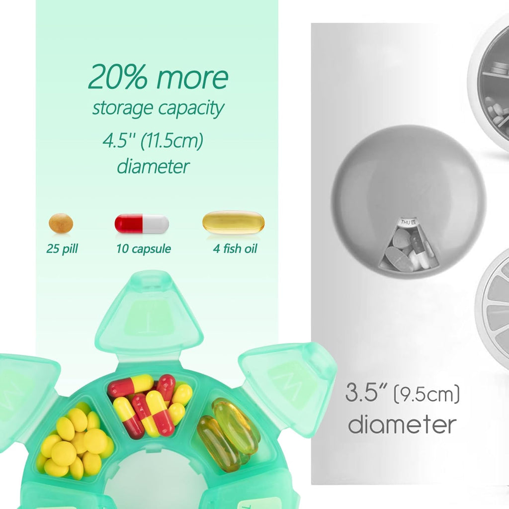 Round Weekly Pill Organizer, TPU Rubberized, Travel Pill Container 7 Day, with 7 Large Compartments, Great for Daily Vitamins & Supplements, Cute Pill Case with Large Letters and Braille (Green)
