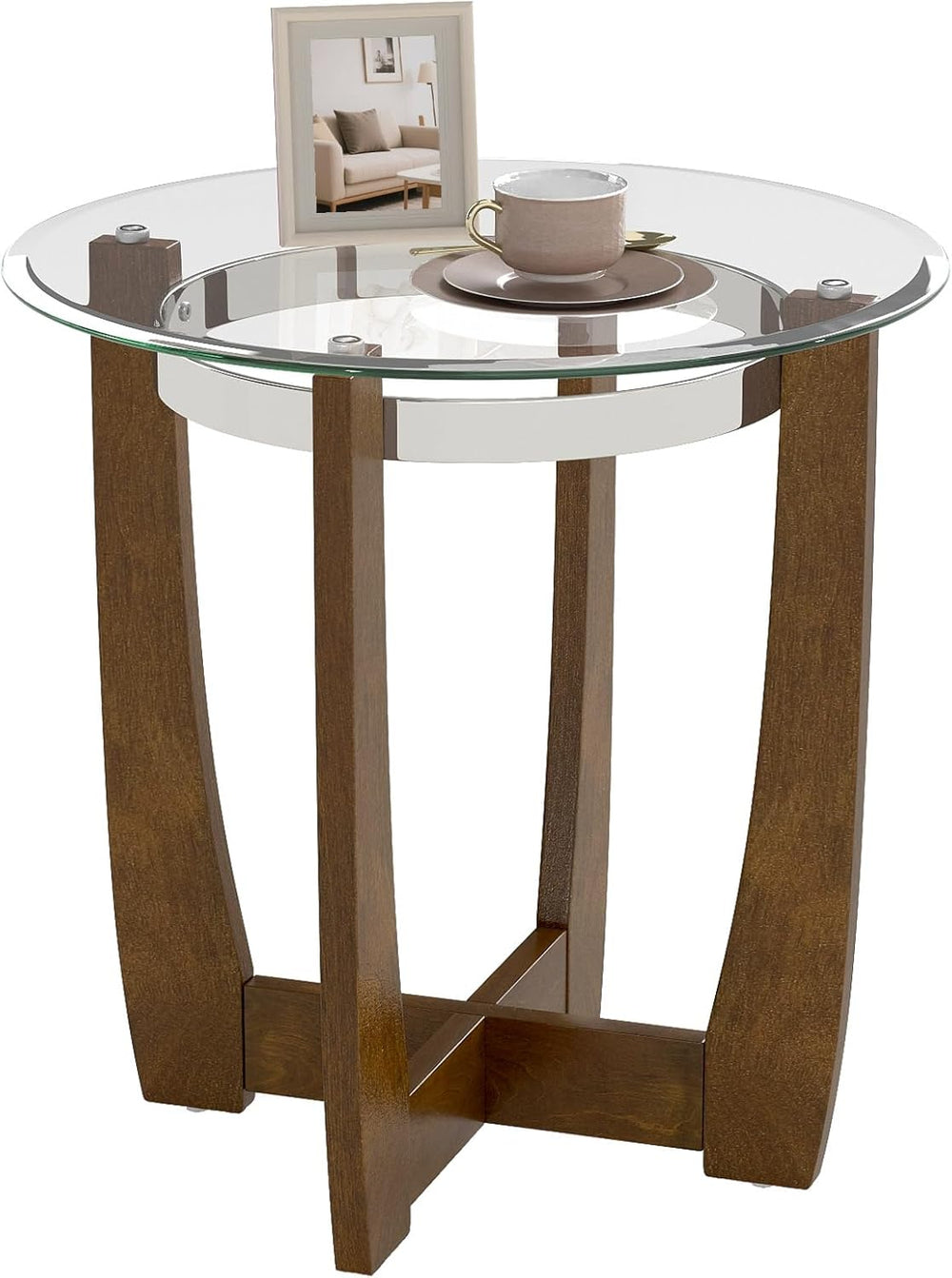 GOFLAME Glass End Table, 24” Round Sofa Side Table with Solid Rubber Wood Fra...
