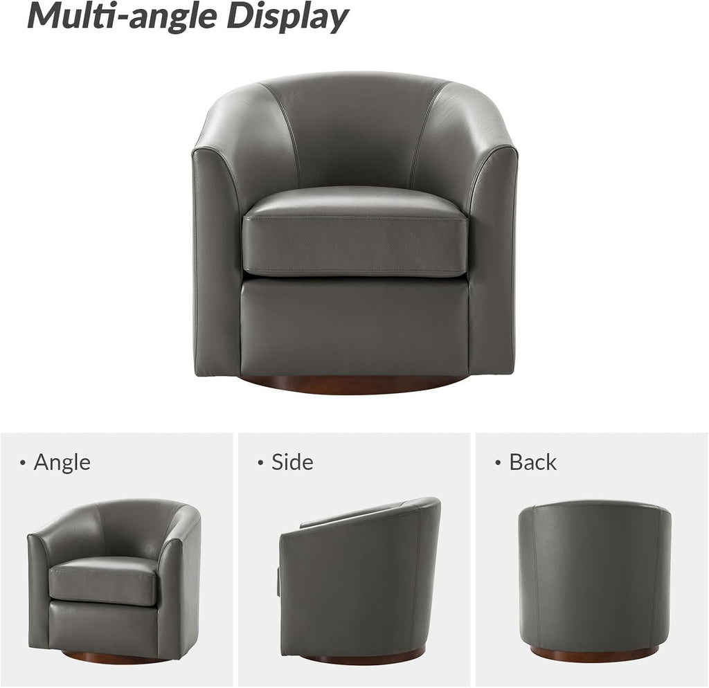 HULALA HOME Genuine Leather Swivel Barrel Chair with Solid Wood Base, Grey | Transitional Round Swivel Accent Chair with Flared Armrests, No Assembly Required, for Living Room Bedroom Reading Relaxation