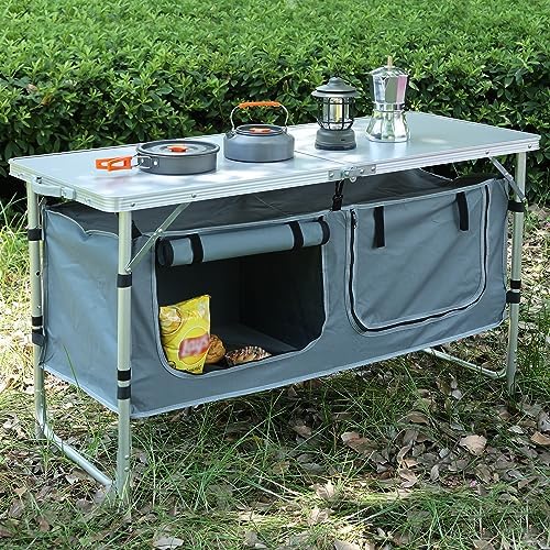 JOUYEK Camping Table, Folding Portable Kitchen Table with Storage Gray