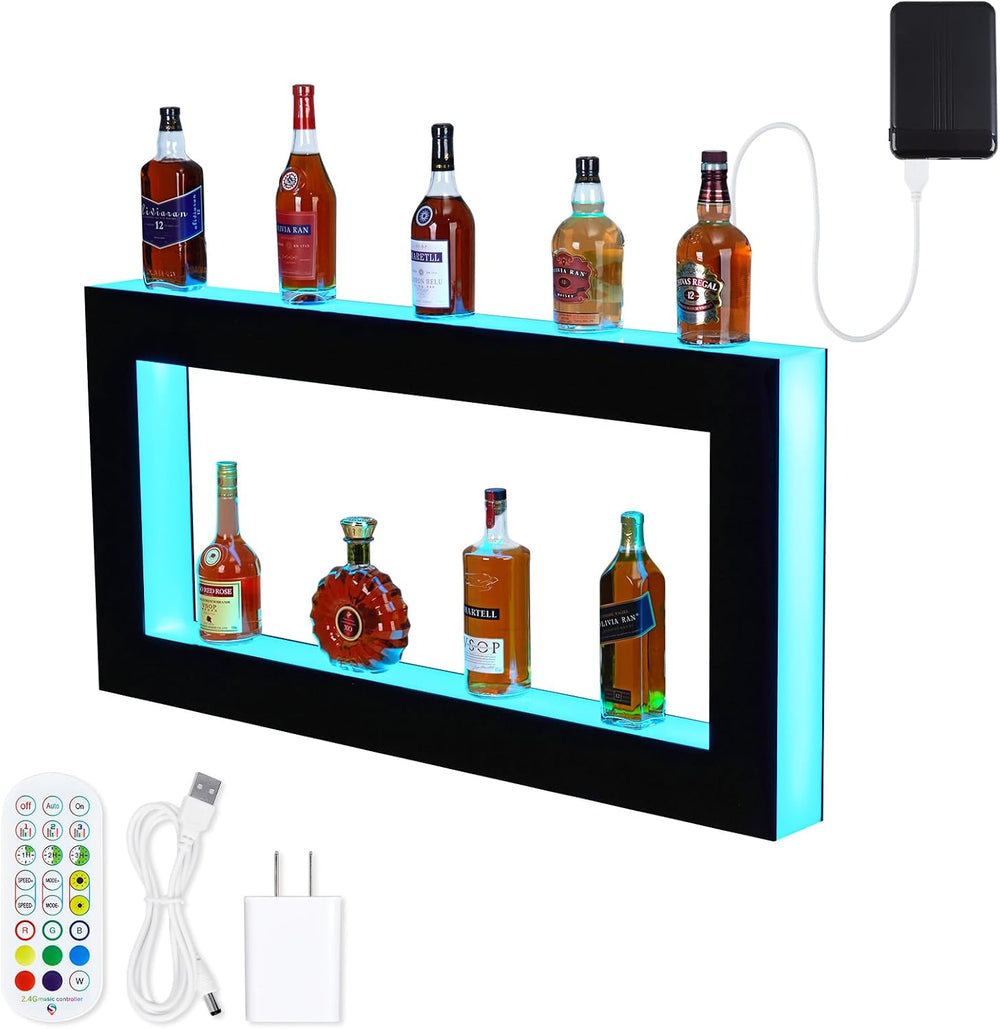 48 Inch LED Lighted Liquor Bottle Display Shelf, 2-Tier Acrylic Wall-Mounted ...