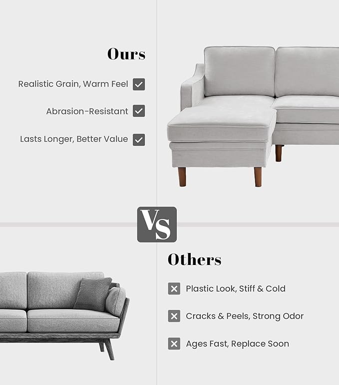 Kingfun 88" L-Shape Sofa, Chenille Sectional Couch, Mid Century Modern Couches with Solid Wood Frame for Living Room & Bedroom, Silver Gray