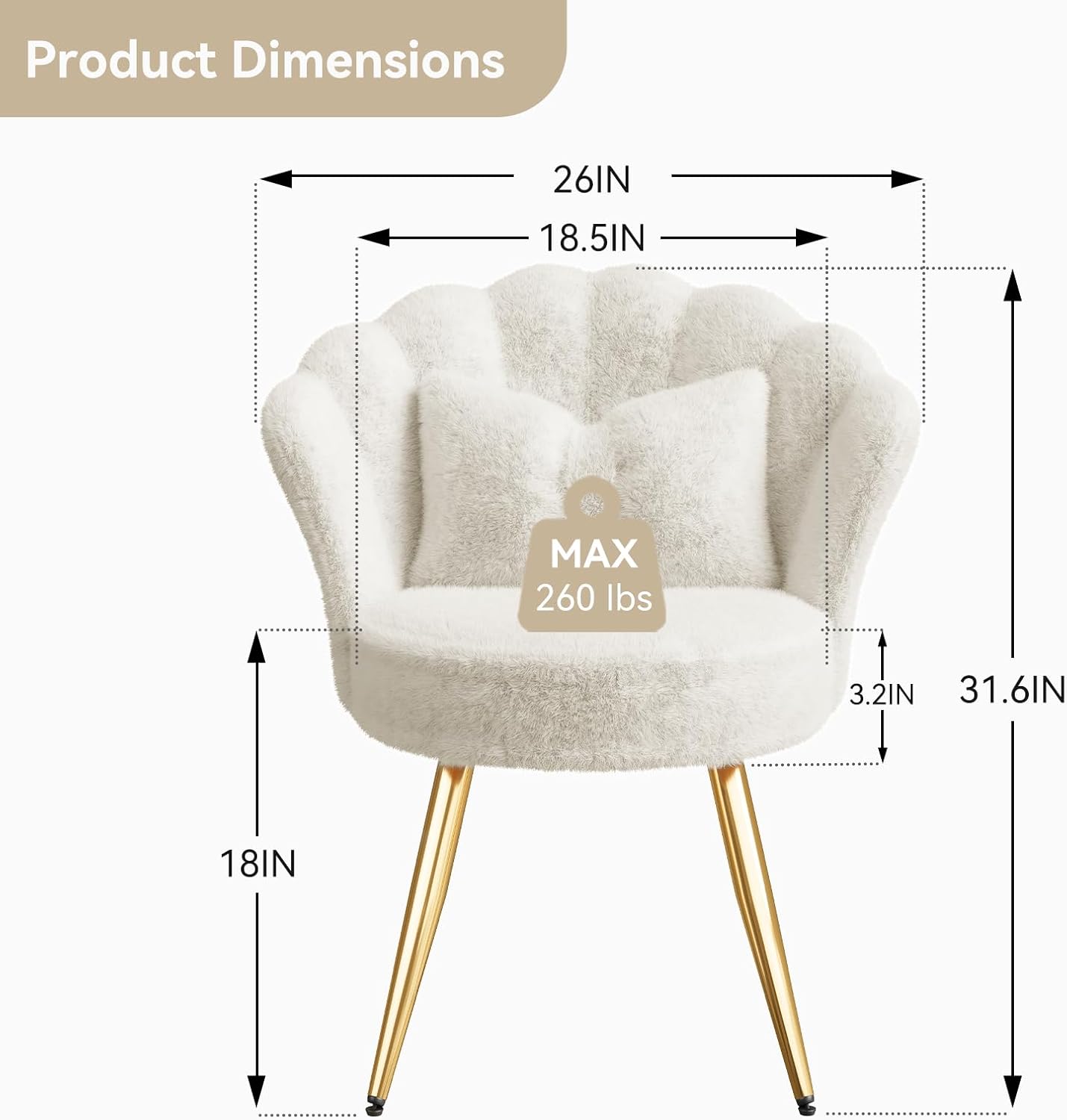 Plush Velvet Sherpa Accent Chair with Gold Metal Legs, Fluffy Vanity Chair for Makeup Room, Upholstered Guest Chair for Living Room, for Bedroom, Cream White